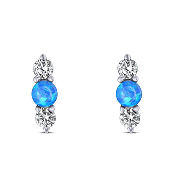 Art Deco Three Stone Stud Earring Simulated Cubic Zirconia Created Blue Opal Solid 925 Sterling Silver (9mm)